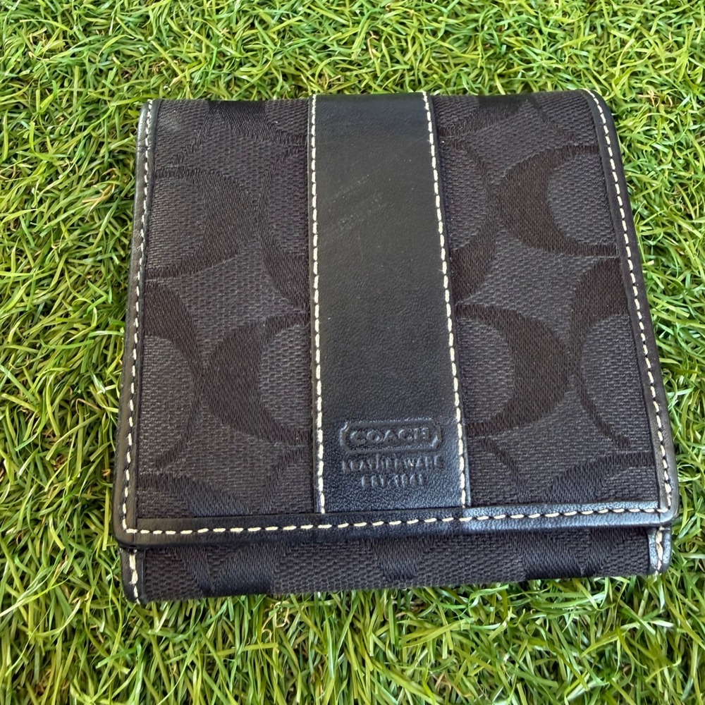 Vtg Coach Black Signature C Monogram Bifold Wallet Leather Trim Jacquard Fabric